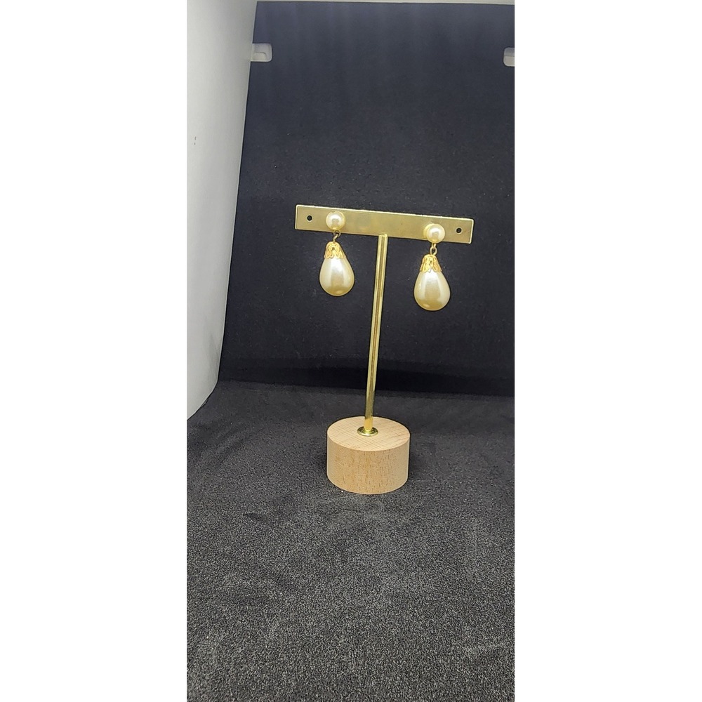 Vintage Gold Tone Cream Faux Pearl Teardrop Filigree Cap Dangle Post Earrings